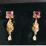 pink square rhinestone jhumka earring, gold color, pink and gold drop earring