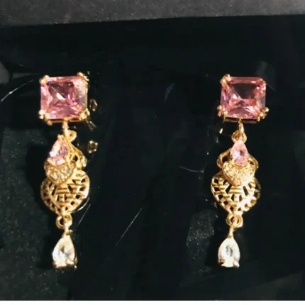 pink square rhinestone jhumka earring, gold color, pink and gold drop earring