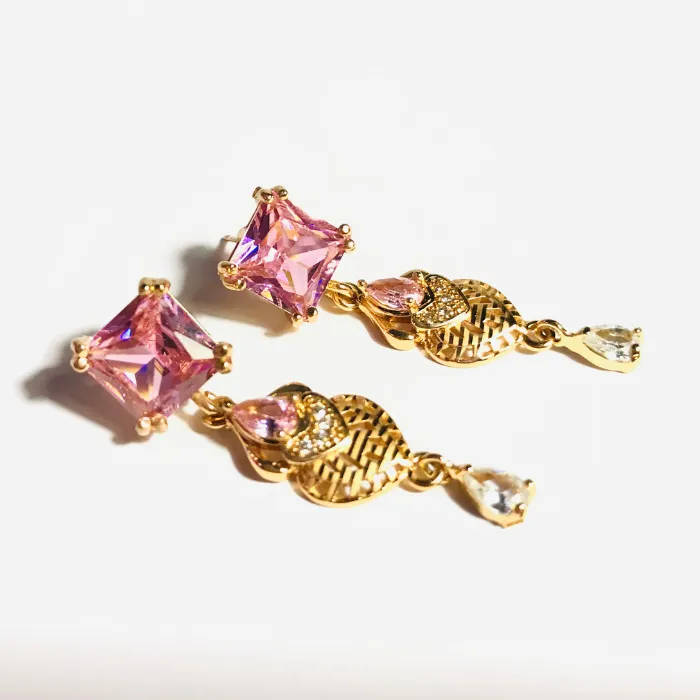 pink square rhinestone jhumka earring, gold color, pink and gold drop earring