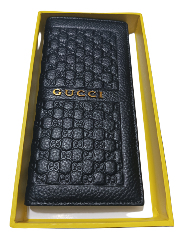 1. Gucci long wallet with metal emblem 2. Signature metal logo Gucci wallet 3. Designer long wallet with metallic Gucci insignia