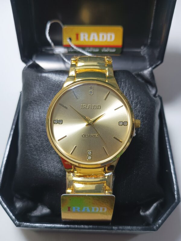 A gold watch, labeled 'IRADO Golden Watch', elegantly rests inside a box, exuding luxury and sophistication.