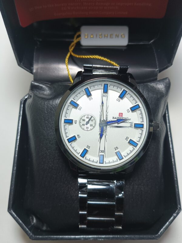 Stylish BAISHENG men's watch featuring a silver design with blue and white face, presented in a box.